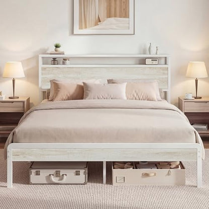 Queen Bed Frame with 2-Tier Storage Shelf Headboard, view 2
