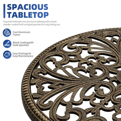 Patio 23''Cast Aluminum Side Table with Umbrella Hole,Outdoor Small Coffee Tables,Anti-Rust Bistro Table,Round End Table,Outdoor Furniture for Indoor,Patio,Garden,Porch,Balcony,Retro Bronze