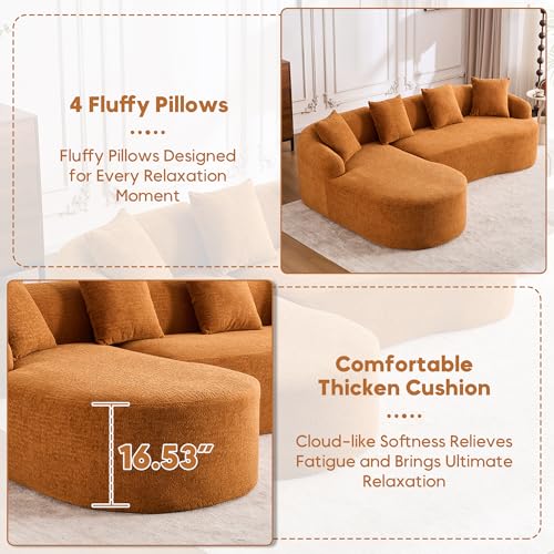 99" Curved Sectional Sofa with Chaise, Modern Luxury Chenille Cloud Couch for Living Room, Heavy Duty Oversized Deep Seat 3-Seater, 700lbs/Seat Weight Capacity, No Assembly, Orange