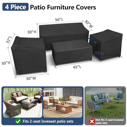 Outdoor Furniture Cover Waterproof, 4 Piece Patio Furniture Set Cover 400D for Outside Couch, Lawn Chairs, Coffee Table, Windproof with Buckle Strap, Black