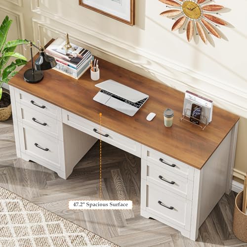Farmhouse 61'' Executive Desk with 7 Drawers, Rustic Office Desk Computer Table with File Drawers, Wood Workstation for Home Office and Study,Unique White