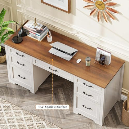 Farmhouse 61'' Executive Desk with 7 Drawers, Rustic Office Desk Computer Table with File Drawers, Wood Workstation for Home Office and Study,Unique White