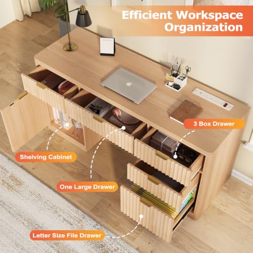 58" Fluted Executive Desk, Wood Home Office Desk (Natural), view 6