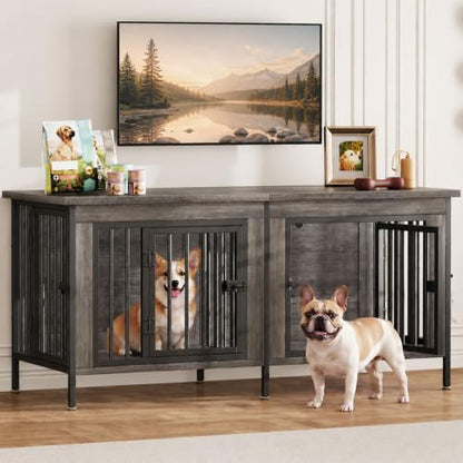 54" Dog Crate Furniture for 2 Dogs with Divider, Dog Kennel, Grey, view 2