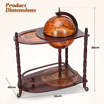Retro Globe Bar Cart, 34.5" Mobile Liquor Cabinet with Wheels, Storage Shelves, Antique World Map Design, Mid-Century Italian Style Wine & Spirits Display Stand for Dining Room, Pub