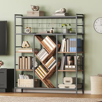 Triple 5-Tier Bookshelf, Industrial Large Bookcase with 14 Open Display Shelves, Modern Tree Bookcase with Metal Frame and Hanging Function for Living Room, Home Office, Rustic Brown and Black