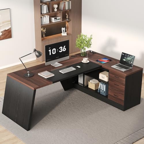 78-Inch L-Shaped Executive Desk with Drawer, Walnut Brown Black, view 4