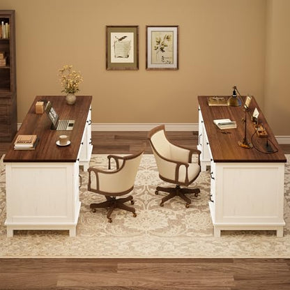 60" Wooden Home Office Desk with File Drawers, Executive Desk with Adjustable Cabinet, Farmhouse Wood Desk with Power Outlet, Distressed Study and Work Table, Rustic White