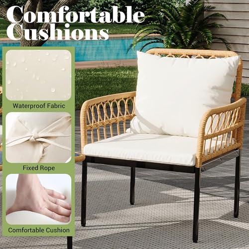 4-Piece Outdoor Patio Furniture Set, All-Weather PE Rattan Wicker Loveseat & Chairs with Glass Coffee Table & Steel Frame, Boho Conversation Set for Patio, Balcony, Backyard, Beige