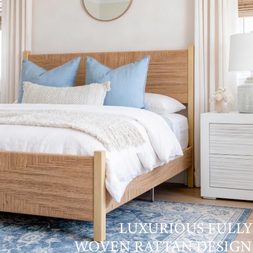 Solid Wood Rattan King Bed Frame with Tall Headboard and Footboard, view 6
