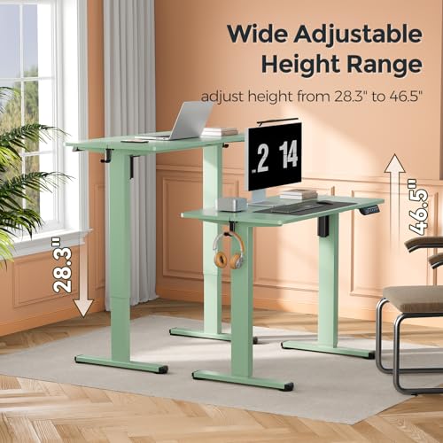 Small Electric Standing Desk, 35" ×20" Standing Table, Height Adjustable Compact Sit Stand Workstation with Splice Board, Home Office Desk with 2 Hooks, Sage Green