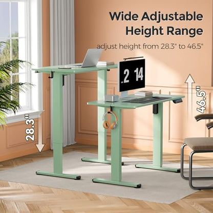 Small Electric Standing Desk, 35" ×20" Standing Table, Height Adjustable Compact Sit Stand Workstation with Splice Board, Home Office Desk with 2 Hooks, Sage Green