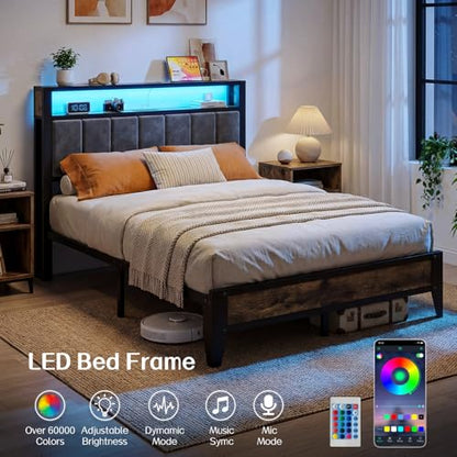 Full Size Bed Frame with Headboard, LED Light & Charging Station, view 6