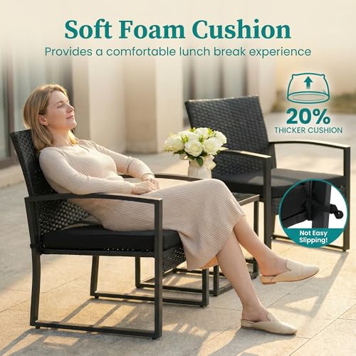 3 Pieces Patio Furniture Set, Outdoor Rattan Bistro Set with Coffee Table, Durable Steel Frame with Strapped Cushions for Garden, Balcony, Poolside, Backyard
