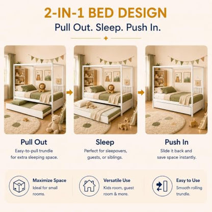 Full Size Canopy Bed with Trundle, Solid Wood Daybed Frame for Kids and Teens, view 5
