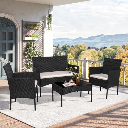 4 Piece Outdoor Patio Furniture Sets, Small Wicker Patio Conversation Furniture Rattan Chair Set with Tempered Glass Coffee Table for Backyard Porch Garden Poolside Balcony,Black