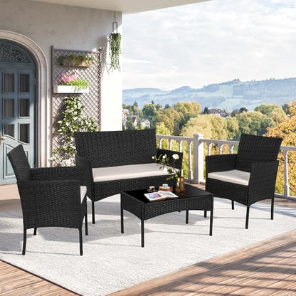 4 Piece Outdoor Patio Furniture Sets, Small Wicker Patio Conversation Furniture Rattan Chair Set with Tempered Glass Coffee Table for Backyard Porch Garden Poolside Balcony,Black