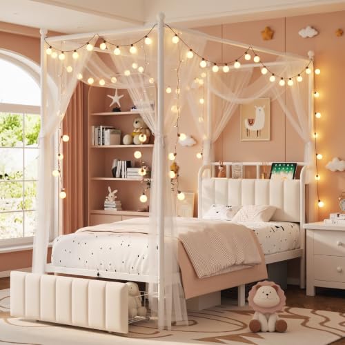 Twin Size Upholstered RGB LED Canopy Bed Frame with Storage, White, view 2