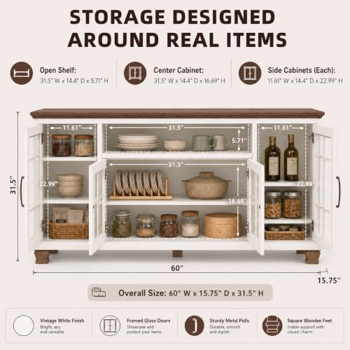 60-Inch Sideboard Buffet Cabinet with Glass Doors,White, view 3