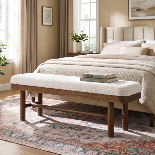55" Upholstered Bedroom Bench, Solid Wood End of Bed Bench, Modern Indoor Bench with Cushion for Bedroom, Living Room, White & Brown