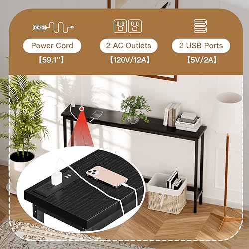 Charging Console Table with Outlet 36 Inch Tall Narrow Sofa Table One-Piece Top Behind Couch Table 2 USB 2 AC for Entryway Hallway, Living Room, Black