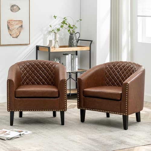 29" W Faux Leather Barrel Chairs Set of 2, Modern PU Upholstered Tufted Club Chairs with Nailhead Trim, Small Armchairs Accent Chairs for Living Room Bedroom Apartment Lounge Nursery, Brown