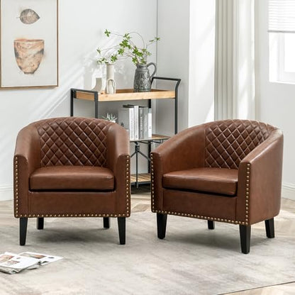29" W Faux Leather Barrel Chairs Set of 2, Modern PU Upholstered Tufted Club Chairs with Nailhead Trim, Small Armchairs Accent Chairs for Living Room Bedroom Apartment Lounge Nursery, Brown