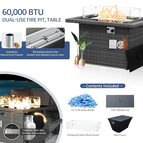 Extra Large Rattan Patio Furniture Set with Gas/Propane Fire Pit Table, 29.3'' High Back Comfy Outdoor Sofa Conversations, 7 Piece Moden Deep Wide Seated Sectional Couch for Backyard, Gray