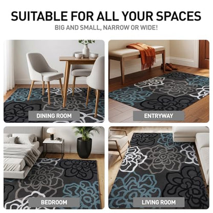 Contemporary Modern Floral Abstract Flowers Easy Maintenance for Home Office, Living Room, Bedroom, Kitchen Soft Area Rug 3'3" x 5' Gray