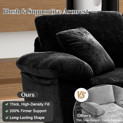 U-Shaped Sectional Sofa Couch, 4 Seat Sofa Set for Living Room, Convertible L-Shaped Velvet Couch Set with Chaise Lounge, Ottoman and Pillows,114 inches (Black)