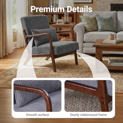 Accent Chair, Comfy Arm Chair with Solid Wood Frame, Upholstered Mid-Century Modern Chair for Living Room Bedroom Waiting Room, Dark Grey