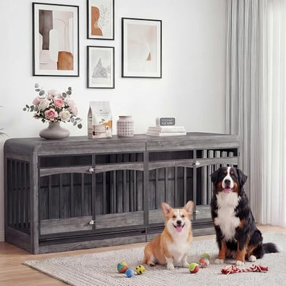 72" Double Dog Crate Furniture, Dog Crates for 2 Medium Dogs, Grey, view 7