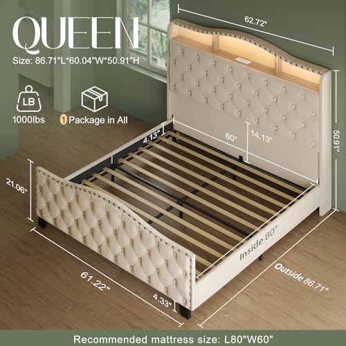 Platform Bed Frame with 50.9" LED Headboard, Queen Beige, view 3
