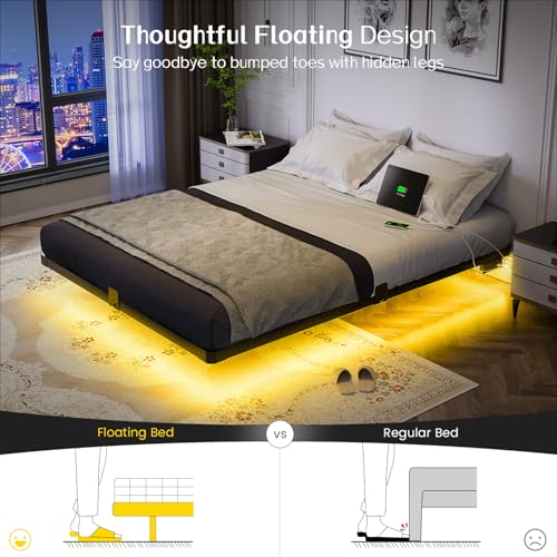 Floating Bed Frame Full Size Metal with LED Light & Charging Station, view 4