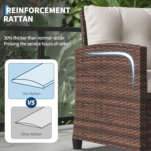 Outdoor Wicker Chairs,3 Pieces Patio Furniture Set,All Weather High Back Rattan Chairs w/Washable Cushion and Tempered Glass Tabletop for Deck Porch Balcony Backyard Garden,Brown & Beige
