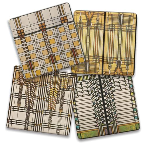 Frank Lloyd Wright's Assorted Art Glass Collection Designs on 4 Pack Assorted Stone Coasters with Protective Cork Backing Manufactured in the USA Absorbent Easily Wipes Clean