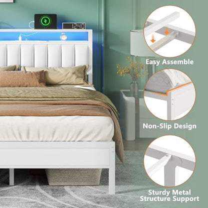 White Full Size Bed Frame with Charging Station & LED Lights, view 7