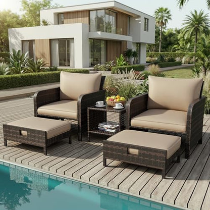 Patio Conversation Set 5 Piece, Balcony Furniture Outdoor PE Rattan Wicker Lounge Chairs with Soft Cushions, 2 Ottomans & Glass Table for Porch Lawn, Brown (Khaki Cushions