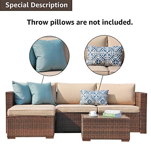 5 Piece Outdoor Patio Furniture Set, Outdoor Sectional Conversation Set, All-Weather Brown PE Wicker w/Beige Cushions, Outdoor Backyard Porch Garden Poolside Balcony Furniture Set