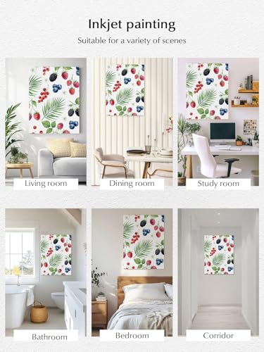 NuYeBiofx Farm Fruit Berry Cherry Blueberry Canvas Wall Art Prints,40"x28" Framed Picture Artwork Watercolor Mulberry Leaves Printed Canvas Oil Painting for Living Room Bedroom Office,Ready to Hang