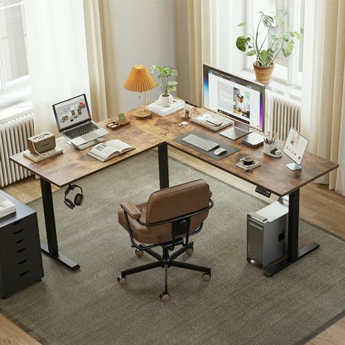 63 x 55 Inch L Shaped Electric Standing Desk, Rustic Brown, view 3