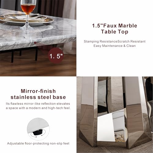 Marble Dining Table for 6 People, 70'' Rectangle Faux Marble Dining Table with Mirrored Stainless Steel Base, Large Size Marble Kitchen Table (Silver,Grey)(only Table)