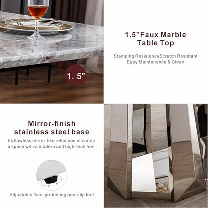 Marble Dining Table for 6 People, 70'' Rectangle Faux Marble Dining Table with Mirrored Stainless Steel Base, Large Size Marble Kitchen Table (Silver,Grey)(only Table)