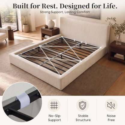 Queen Upholstered Platform Boneless Cloud Bed Frame with Headboard, Beige, view 7