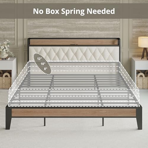 King Size Bed Frame with Headboard & Charging Station,Wood and Cream, view 6