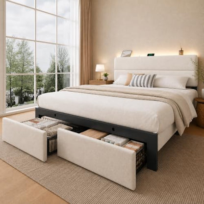 Queen Bed Frame with 2 Storage Drawers, Light Beige Velvet Upholstered, view 8
