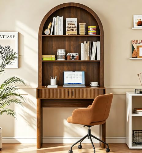 75'' Tall Arched Computer Desk with Hutch & Fluted Sliding Door for Office, view 2