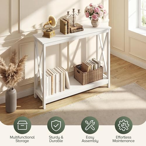 Console Table 39.5”, 2-Tier Narrow Sofa Side Table with Storage Shelf, Entrance Table for Hallway/Foyer/Living Room/Corridor/Office, White