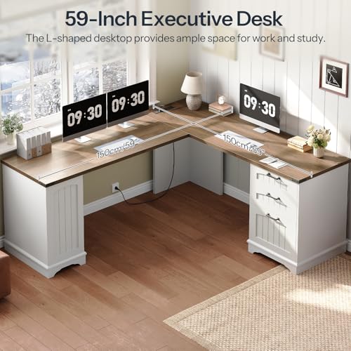 Farmhouse L Shaped Computer Desk, Computer Desk with Power Outlets, view 7