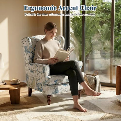 Floral Accent Chair, Comfortable High Back Upholstered Armchair with Solid Wood Legs, Leisure Single Sofa Chair for Living Room, Home Office, Bedroom, Blue Floral